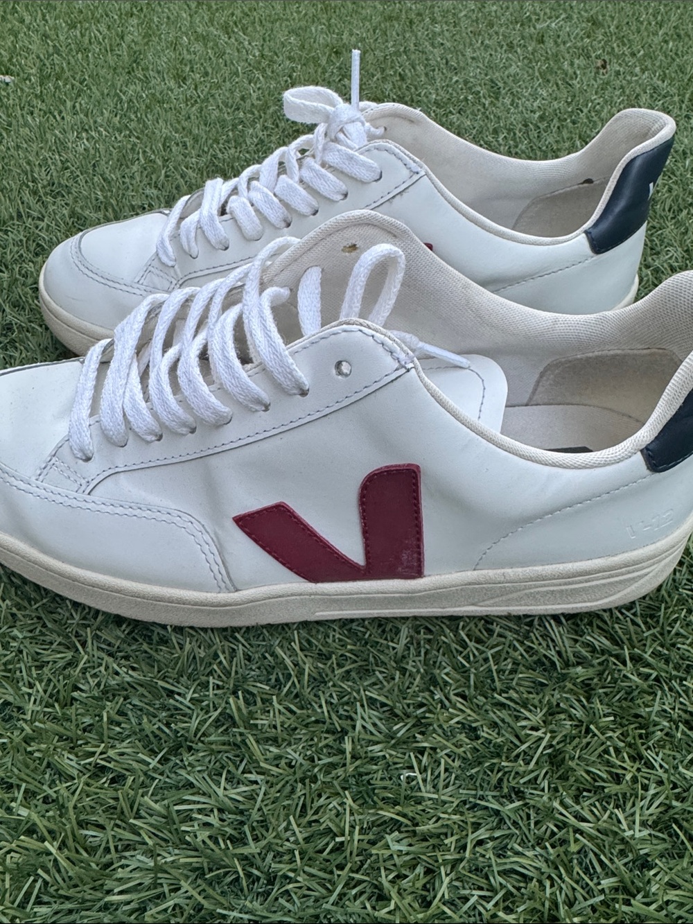 Veja White Sneakers with Navy Heel and Burgundy V Detail